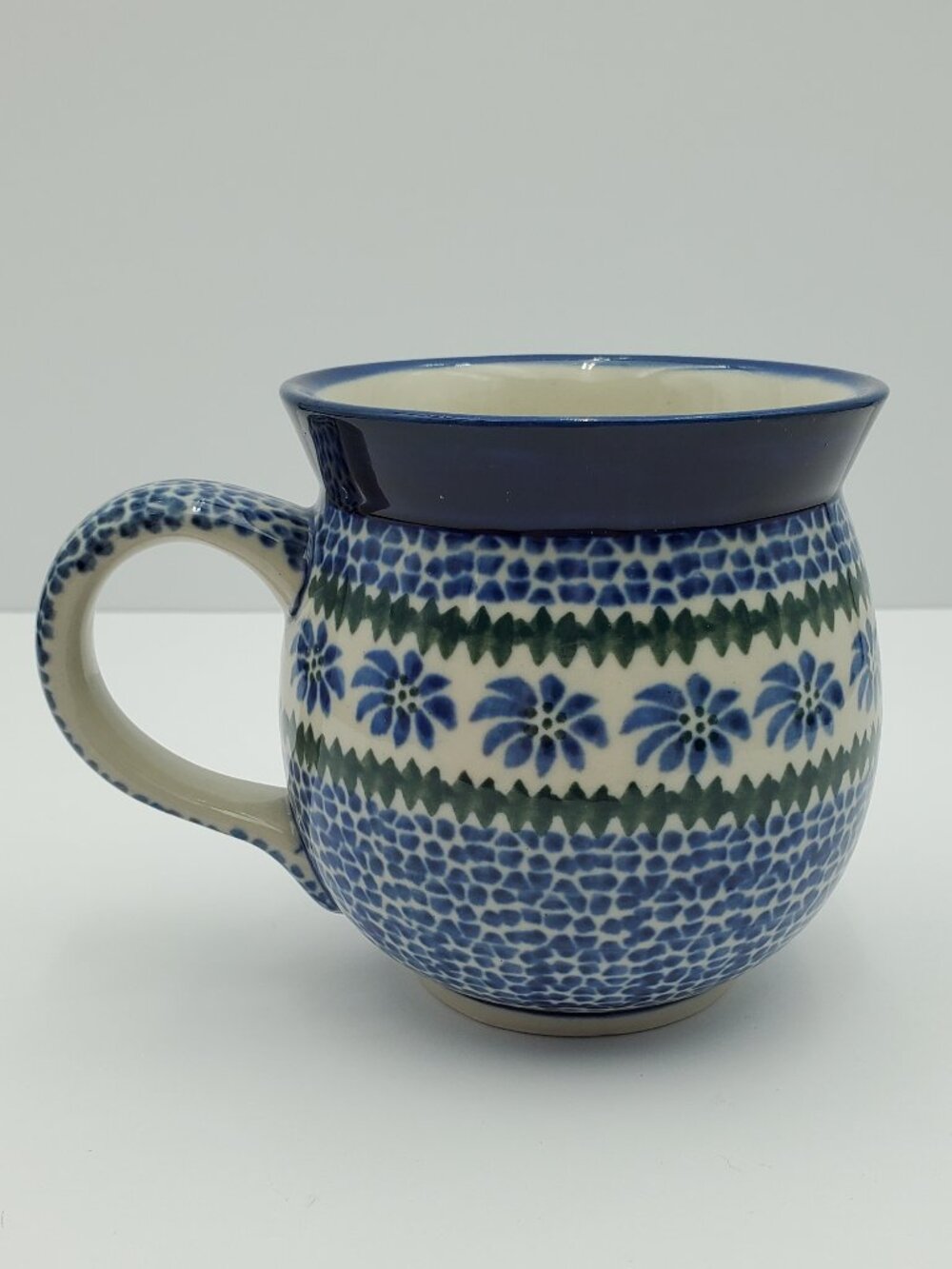 Polish Pottery Polka Dot Daisy Bubble Mug Blue Floral Belly Mug
